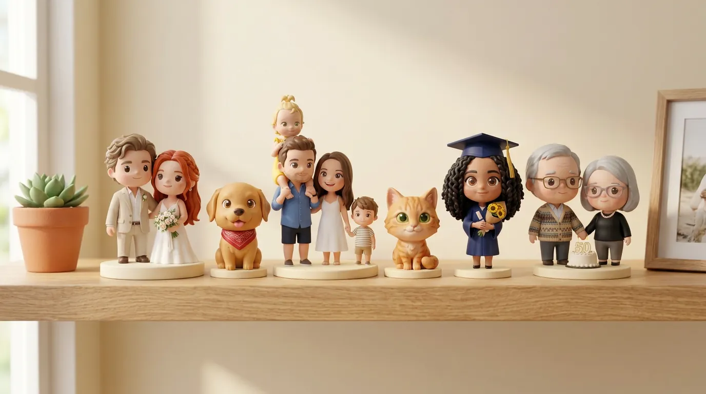 Six chibi figures on a wooden shelf: a wedding couple, a golden retriever, a family of four, an orange cat, a graduate and a grandparent couple